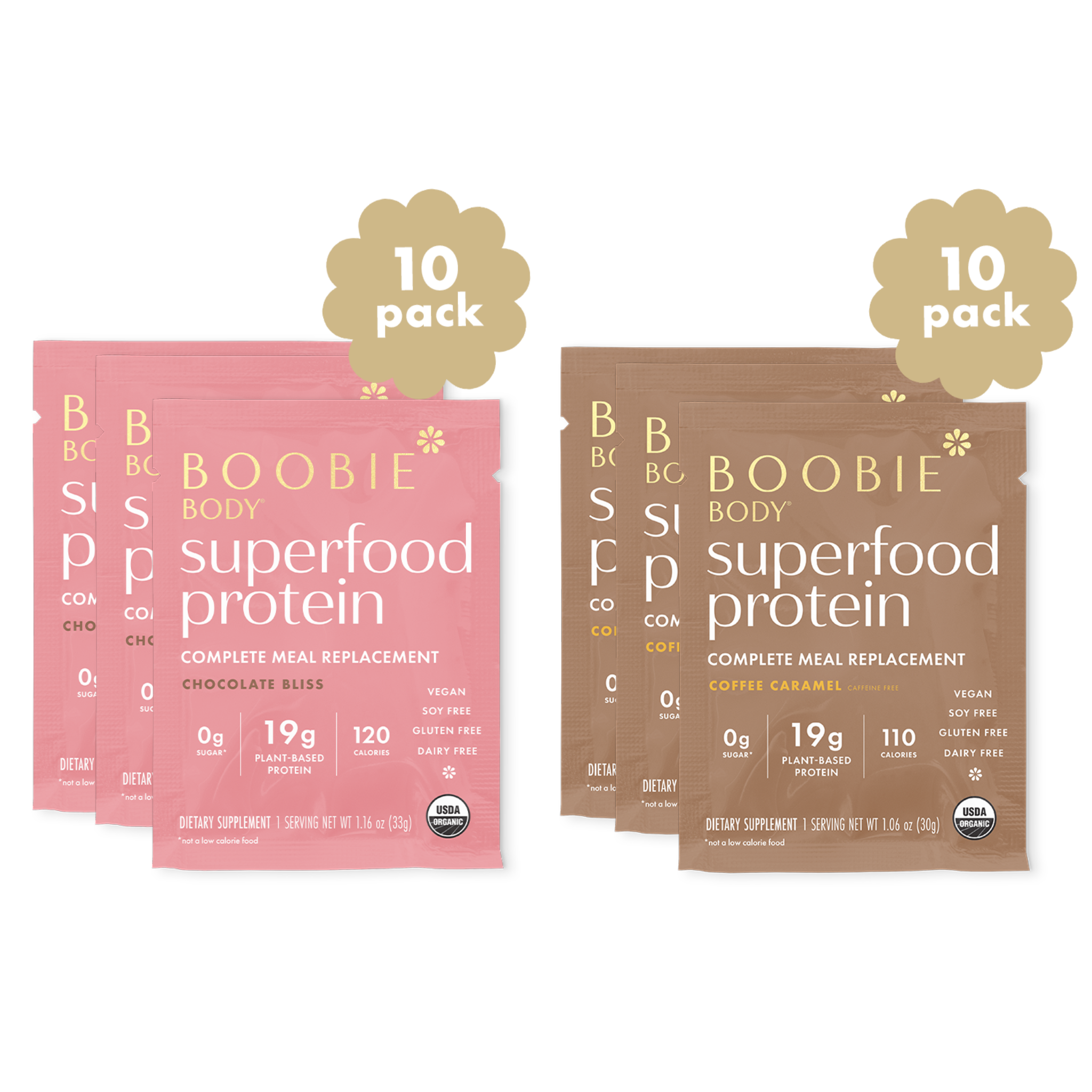 Two packages of Boobie Body Superfood Protein, one pink and one brown, on a white background.
