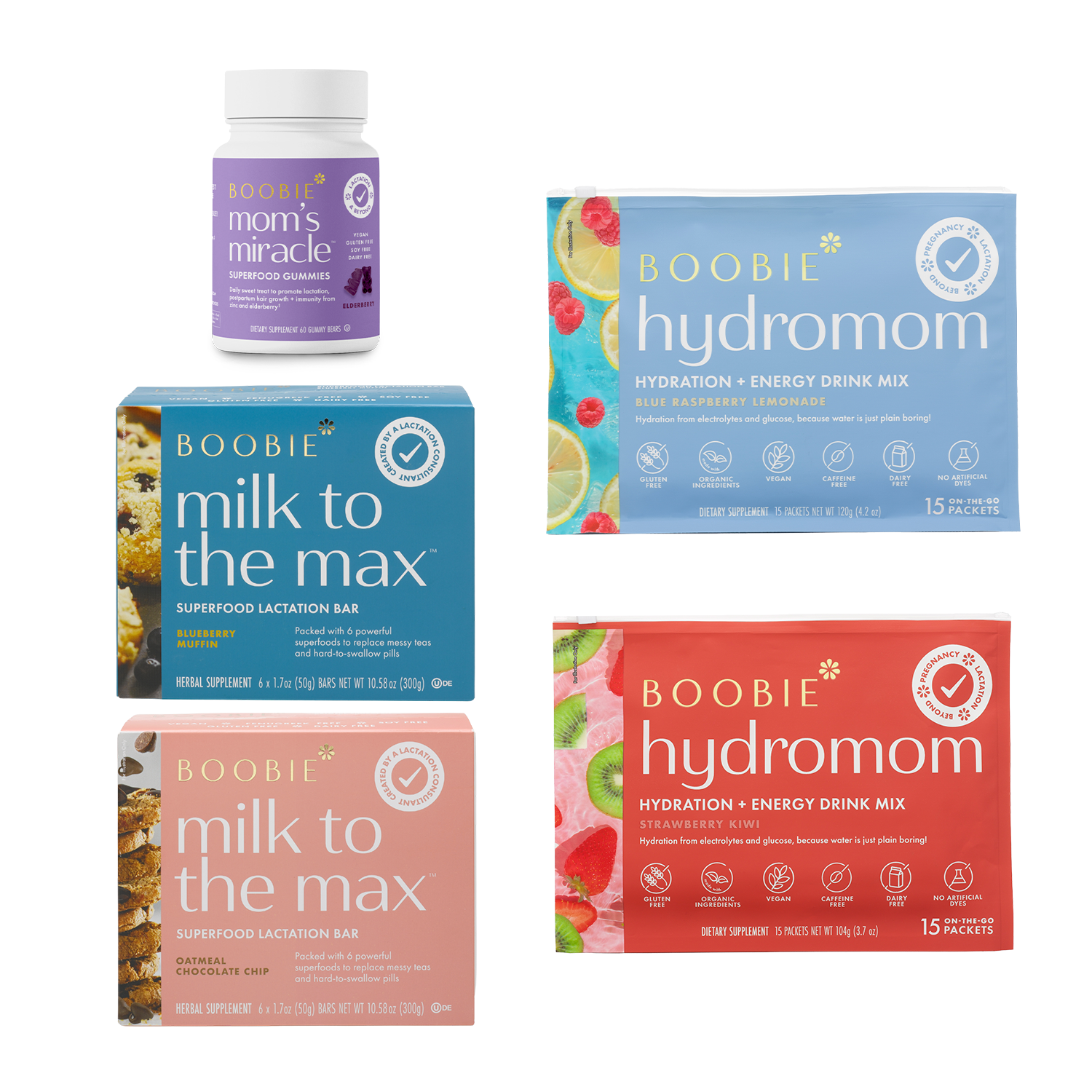 Collection of Boobie products including bottles and boxes on a white background