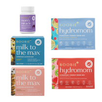 Collection of Boobie products including bottles and boxes on a white background