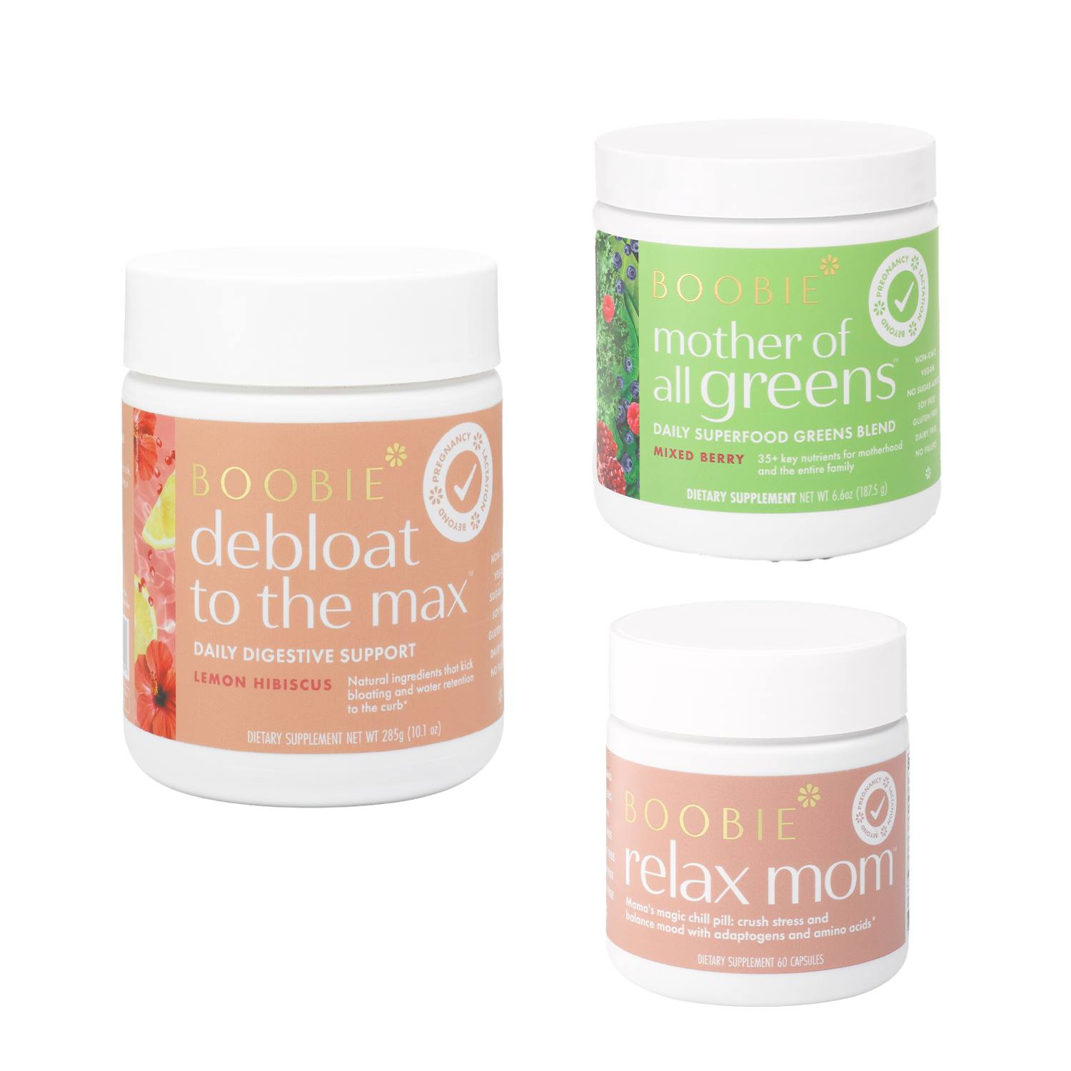 Three Boobie health supplement jars on a white background