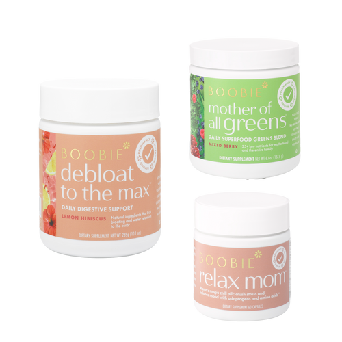 Three Boobie health supplement jars on a white background