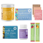Collection of health and nutrition products including protein powder and superfood gummies.