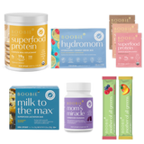 Collection of health and nutrition products including protein powder and superfood gummies.