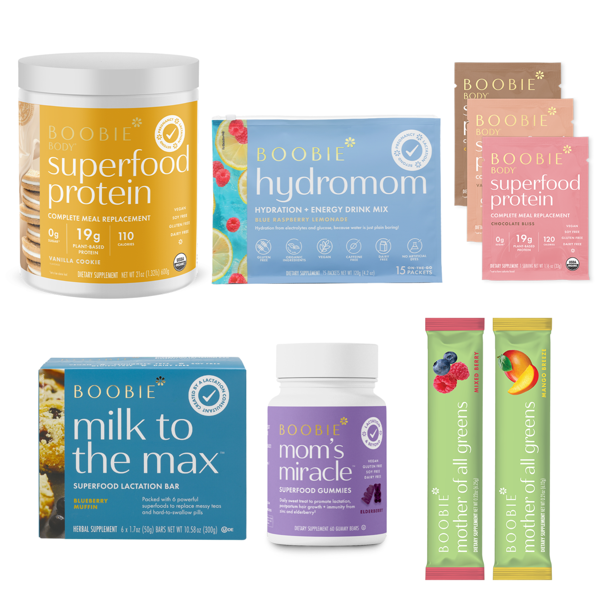Collection of health and nutrition products including protein powder and superfood gummies.