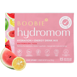 Packaging of Boobie Hydromom hydration and energy drink mix featuring watermelon and yuzu flavors, with an emphasis on being vegan and free from certain chemicals.