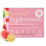 Packaging of Boobie Hydromom hydration and energy drink mix featuring watermelon and yuzu flavors, with an emphasis on being vegan and free from certain chemicals.