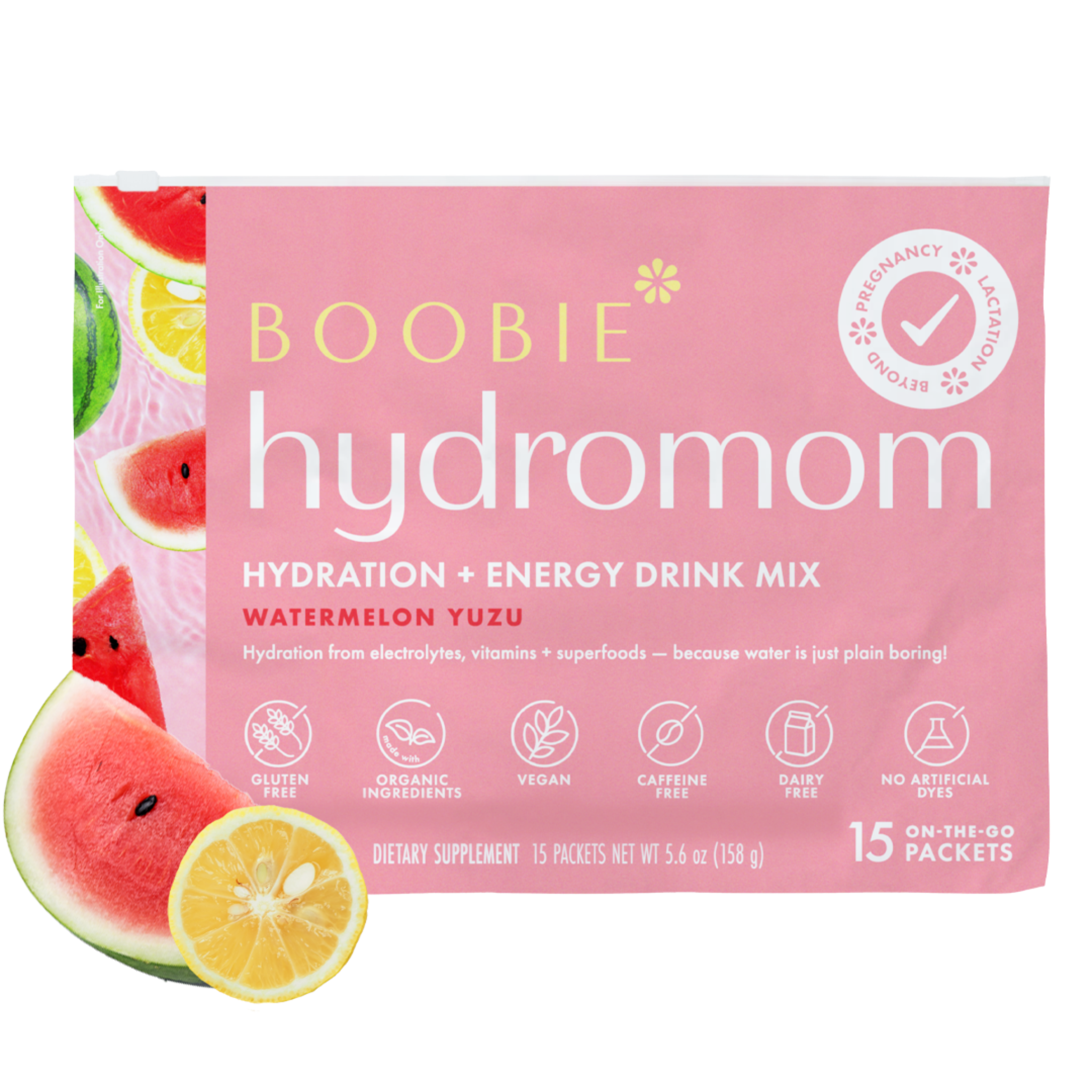 Packaging of Boobie Hydromom hydration and energy drink mix featuring watermelon and yuzu flavors, with an emphasis on being vegan and free from certain chemicals.