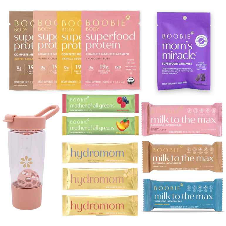 Assorted Boobie* Superfoods products including protein packages, gummies, and bars on a white background.