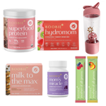 Collection of Boobie Health products including Superfood Protein, Hydromom, Milk to the Max, Mom's Miracle, and Mother of All Greens on a white background.