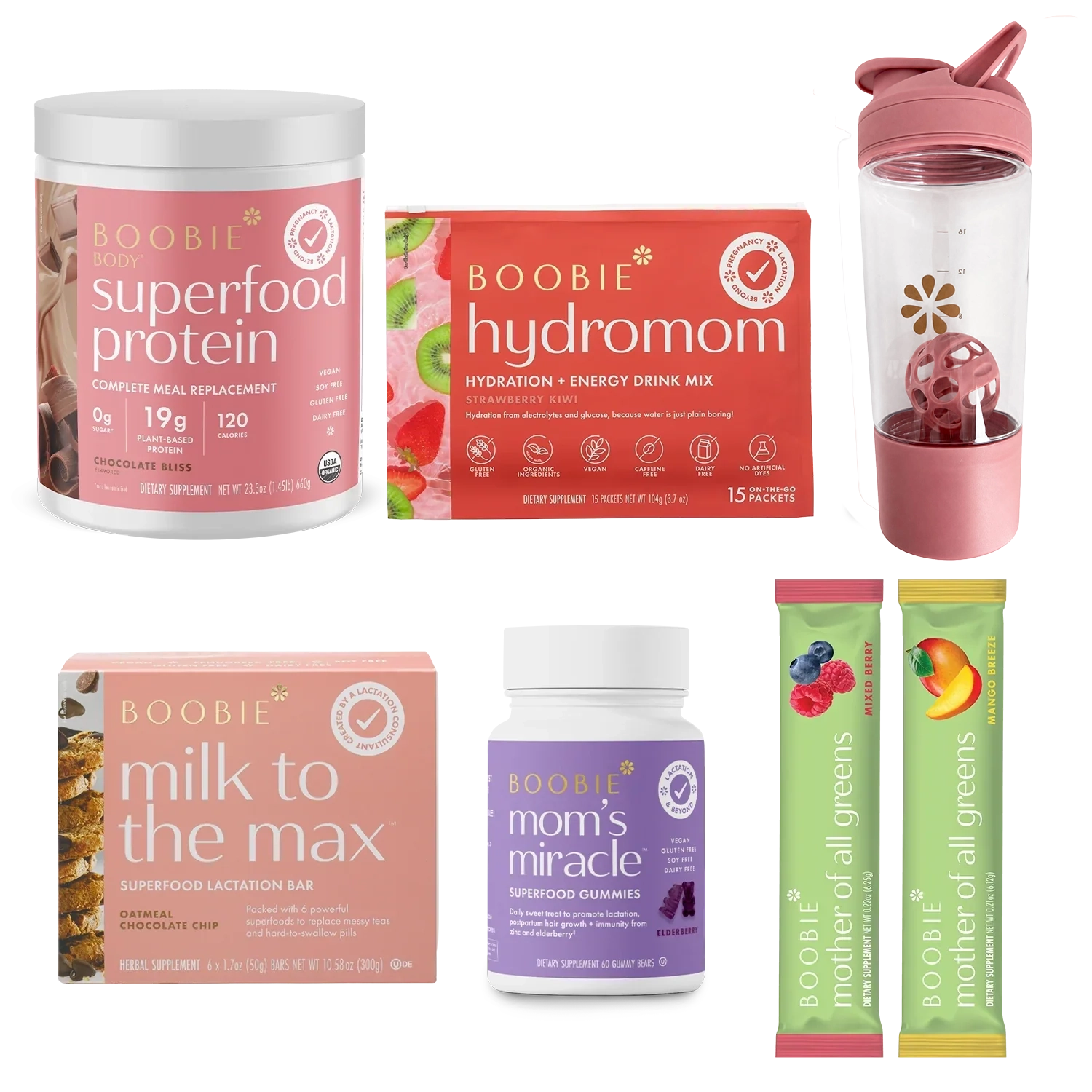 Collection of Boobie Health products including Superfood Protein, Hydromom, Milk to the Max, Mom's Miracle, and Mother of All Greens on a white background.