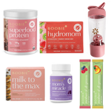 Collection of Boobie Health products including Superfood Protein, Hydromom, Milk to the Max, Mom's Miracle, and Mother of All Greens on a white background.