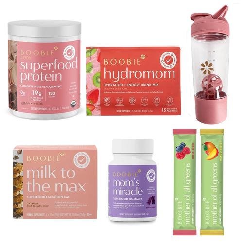 Collection of Boobie Health products including Superfood Protein, Hydromom, Milk to the Max, Mom's Miracle, and Mother of All Greens on a white background.