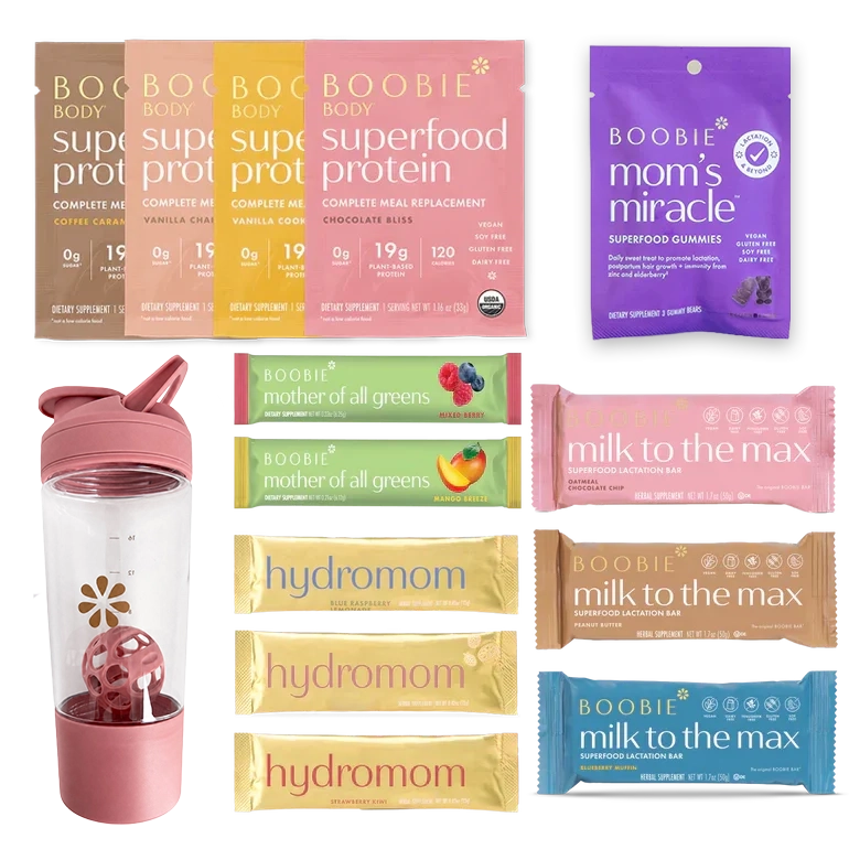 Assorted Boobie* Superfoods products including protein packages, gummies, and bars on a white background.