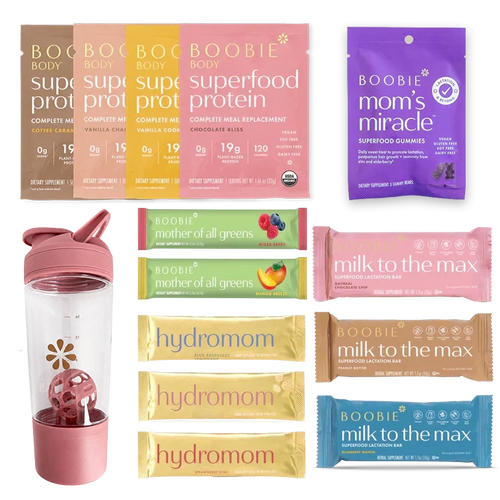 Assorted Boobie* Superfoods products including protein packages, gummies, and bars on a white background.