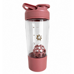Pink and clear shaker bottle with a lid on a white background