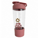 Clear shaker bottle with pink lid and base on a white background