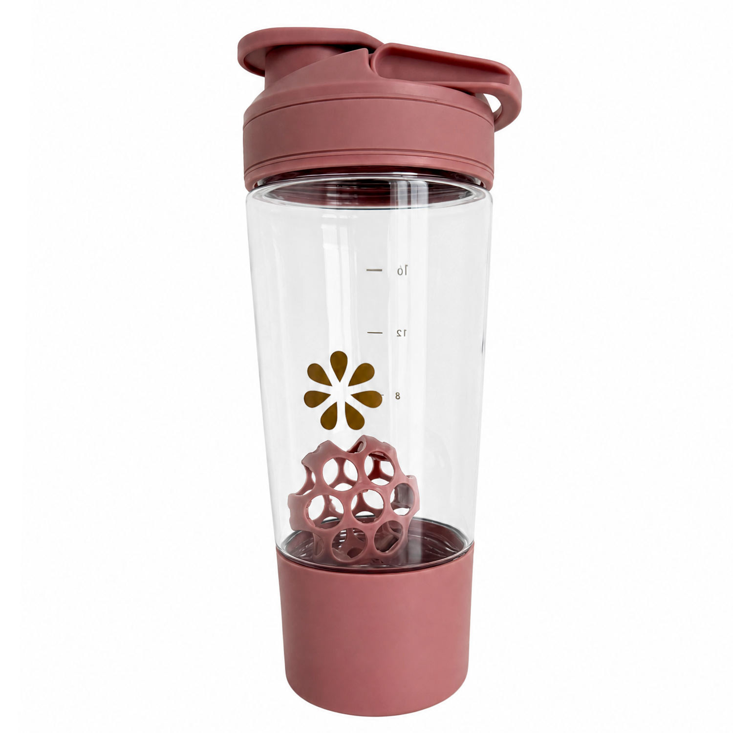 Clear shaker bottle with pink lid and base on a white background