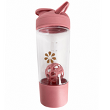 Pink water bottle with a clear middle section and flower design on a white background