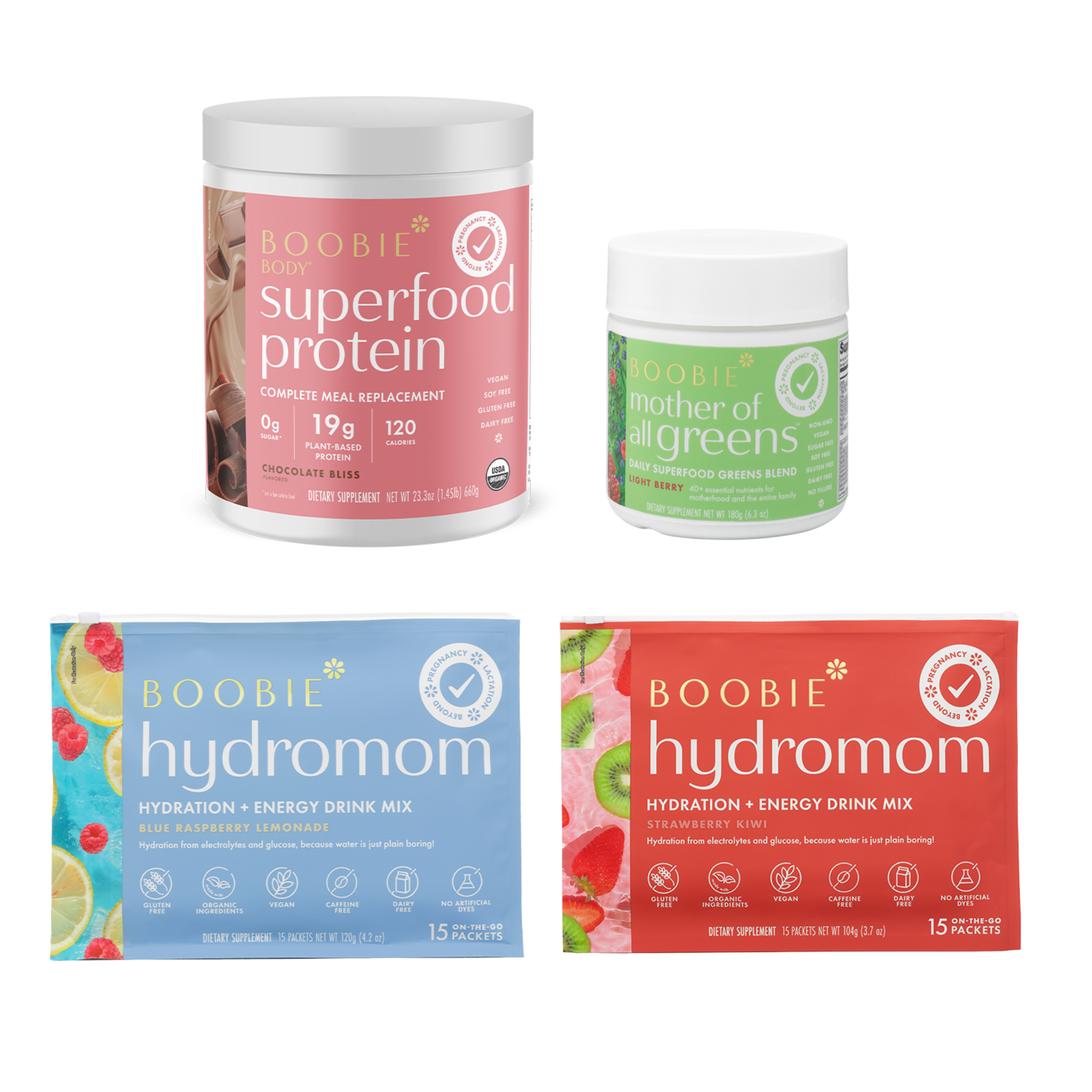 Boobie Superfood Protein, Mother of All Greens, Hydromom Hydration + Energy Drink Mix packaging on a white background