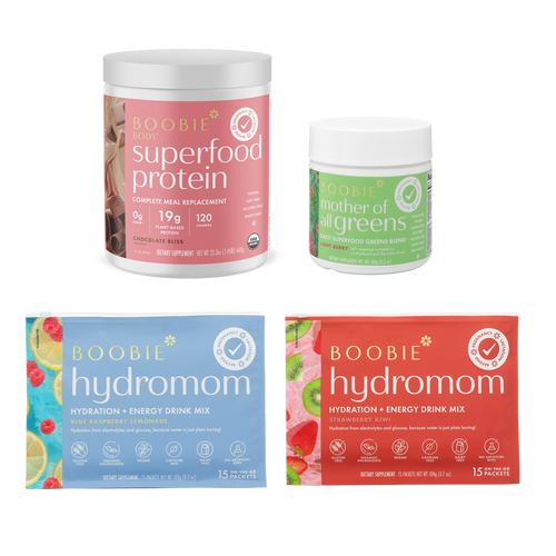 Boobie Superfood Protein, Mother of All Greens, Hydromom Hydration + Energy Drink Mix packaging on a white background