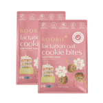 Two packages of Boobie Lactation Oat Cookie Bites Birthday Cake flavor on a white background.