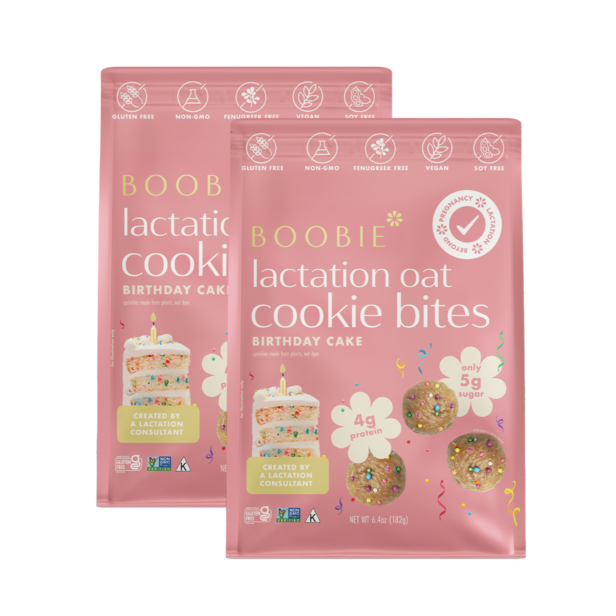 Two packages of Boobie Lactation Oat Cookie Bites Birthday Cake flavor on a white background.