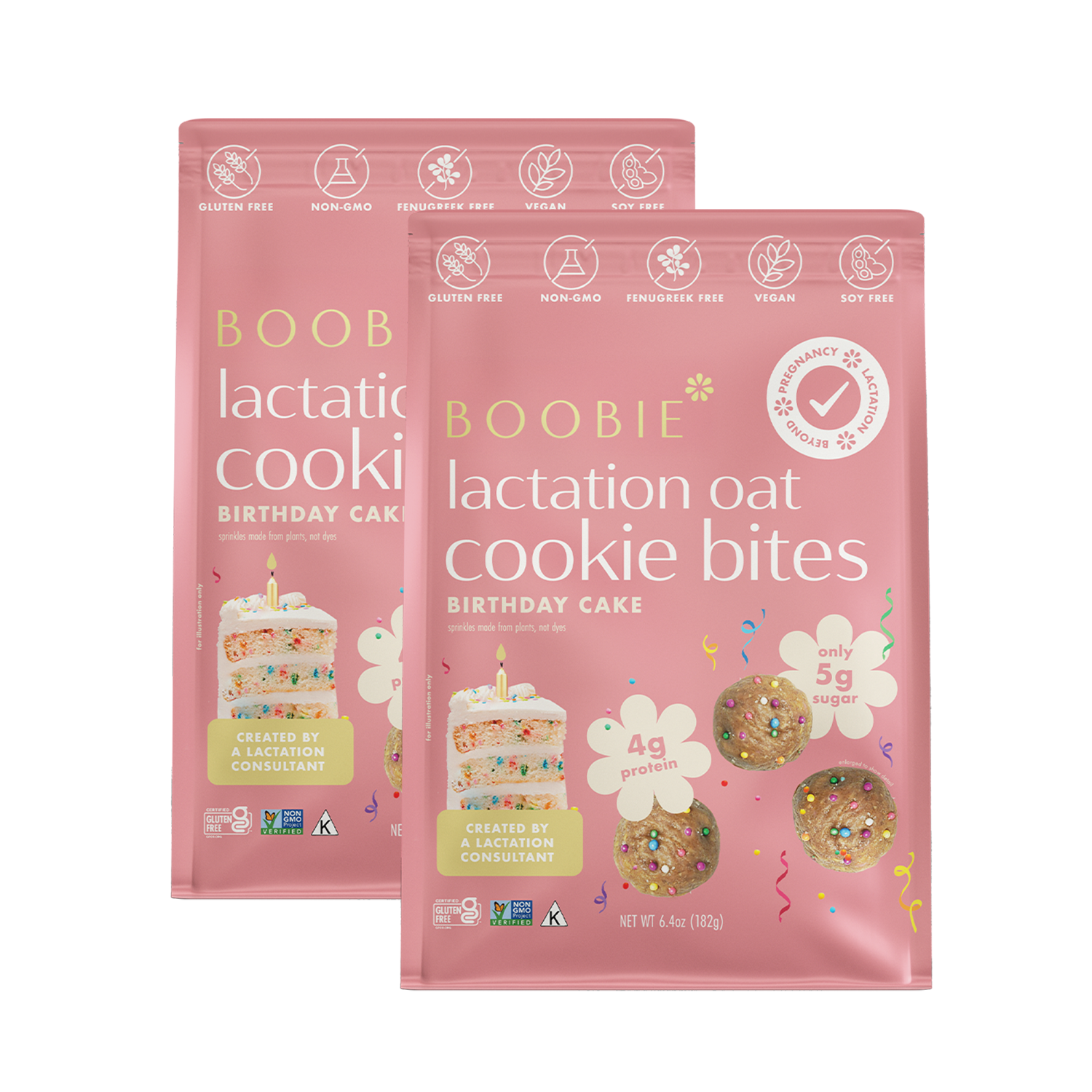 Two packages of Boobie Lactation Oat Cookie Bites Birthday Cake flavor on a white background.