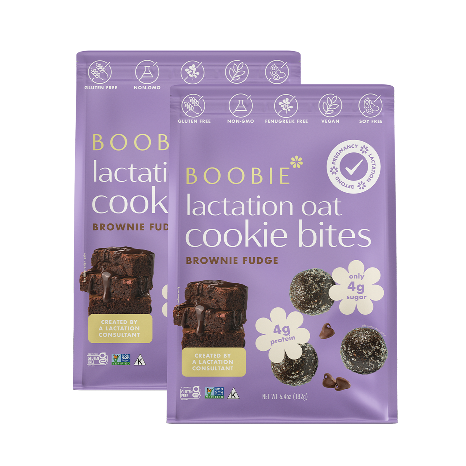 Two packages of Boobie Lactation Oat Cookie Bites Brownie Fudge on a white background