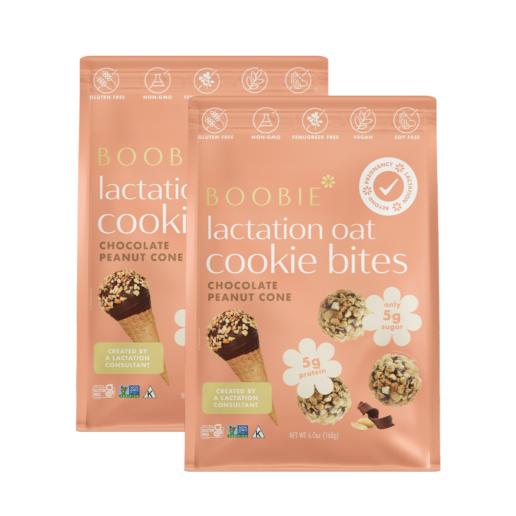Two packages of Boobie Lactation Oat Cookie Bites on a white background