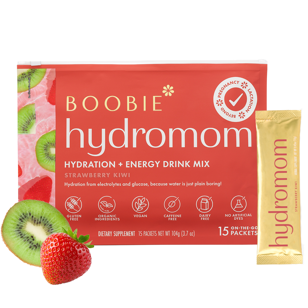 Packaging of Boobie Hydromom hydration and energy drink mix featuring watermelon and yuzu flavors, with an emphasis on being vegan and free from certain chemicals.