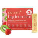Packaging of Boobie Hydromom hydration and energy drink mix featuring watermelon and yuzu flavors, with an emphasis on being vegan and free from certain chemicals.