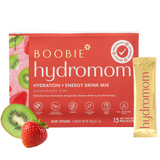 Packaging of Boobie Hydromom hydration and energy drink mix featuring watermelon and yuzu flavors, with an emphasis on being vegan and free from certain chemicals.