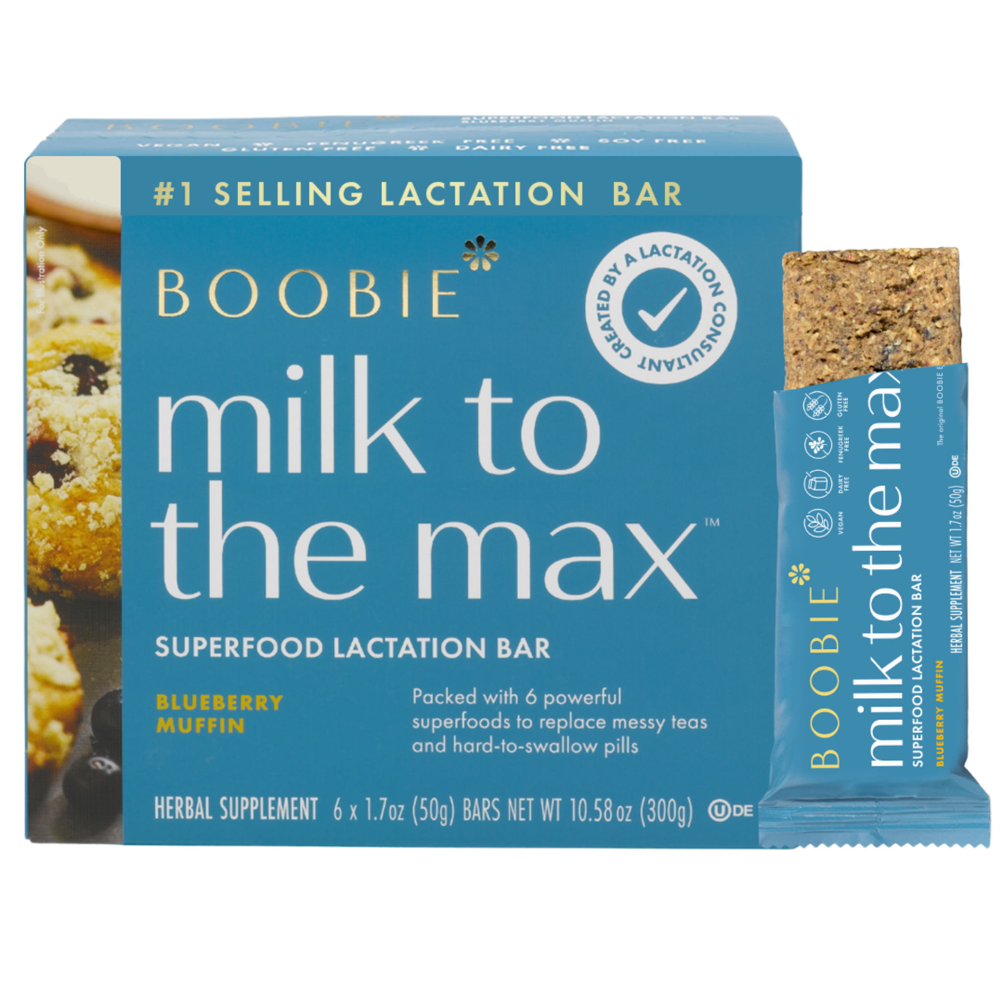 Boobie milk to the max superfood lactation bar packaging with blueberry muffin flavor on a white background