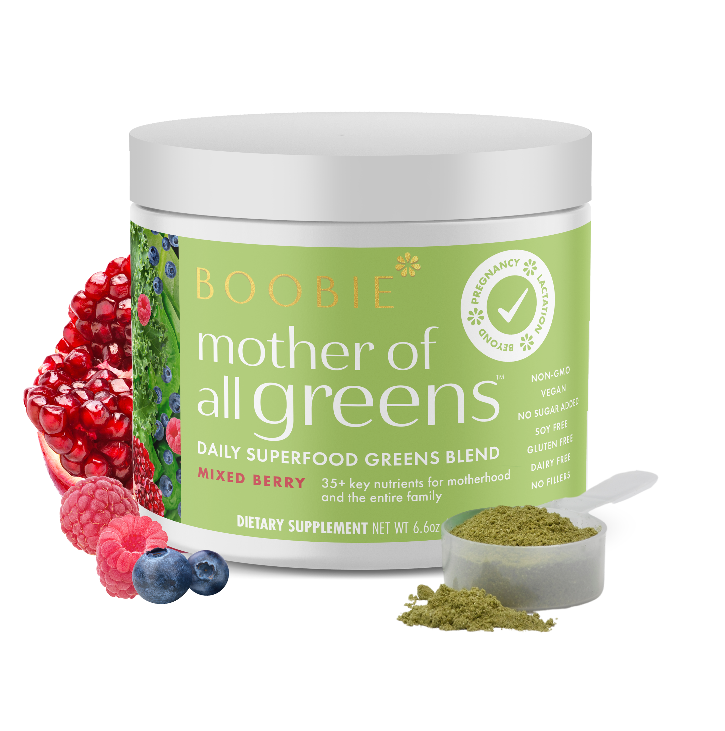 A container of 'Mother of All Greens' dietary supplement with a scoop of the powder and pieces of berry, pomegranate and blueberries displayed in the foreground.