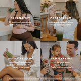 A four-panel lifestyle collage promoting prenatal, postpartum, breastfeeding, and family nutrition. Each panel shows a woman in each life stage drinking the Mother of All Greens. 