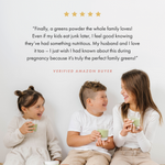 Three children drinking their daily dose of greens with a 5-star product review quoted above. 