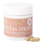 Supplement jar labeled 'Boobie Relax Mom' with capsules on a white background