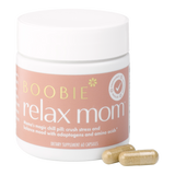 Supplement jar labeled 'Boobie Relax Mom' with capsules on a white background