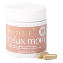 Supplement jar labeled 'Boobie Relax Mom' with capsules on a white background