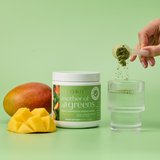 A hand holds a small scoop of green powder (Mother of All Greens Daily Superfood Greens Blend) above a clear ribbed glass, with the powder falling into the cup. The main product, a white tub labeled 'BOOBIE mother of all greens' and 'Daily Superfood Greens Blend,' stands beside a mango and sliced mango on a light green background.